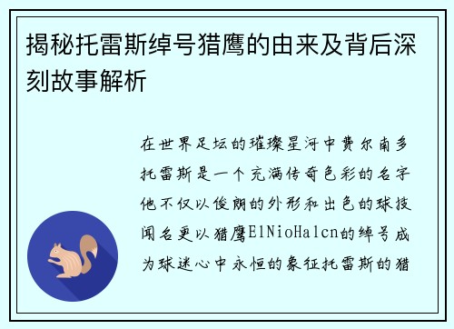 揭秘托雷斯绰号猎鹰的由来及背后深刻故事解析