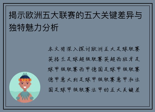 揭示欧洲五大联赛的五大关键差异与独特魅力分析