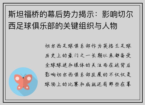 斯坦福桥的幕后势力揭示：影响切尔西足球俱乐部的关键组织与人物