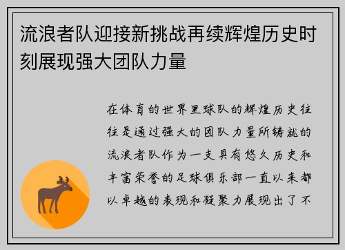 流浪者队迎接新挑战再续辉煌历史时刻展现强大团队力量